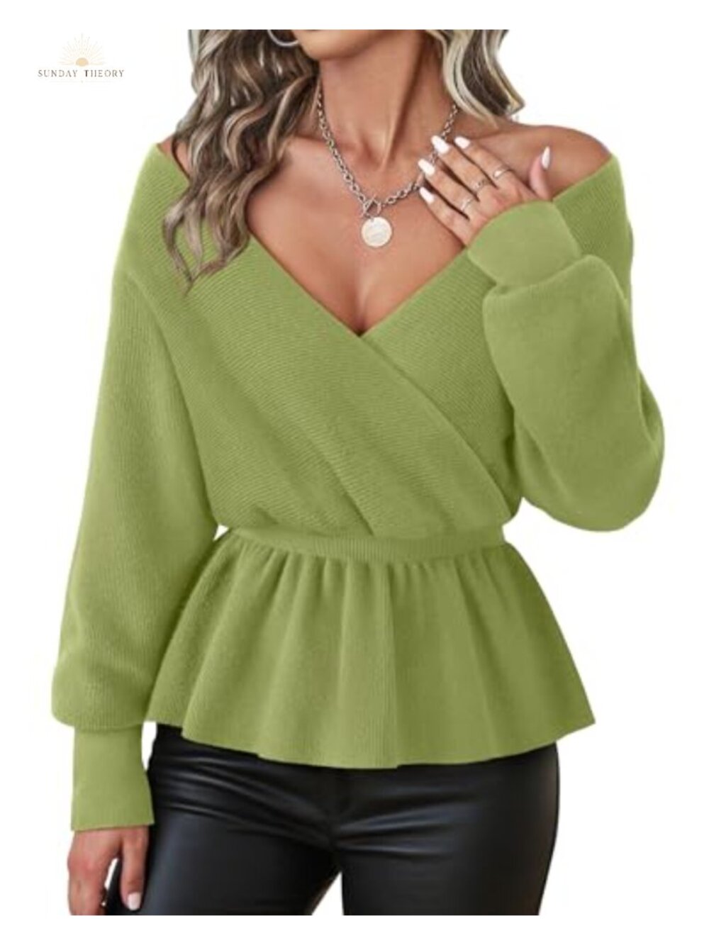 Womens Peplum Sweater Long Sleeve V Neck Knit Pullover Dressy Work Top